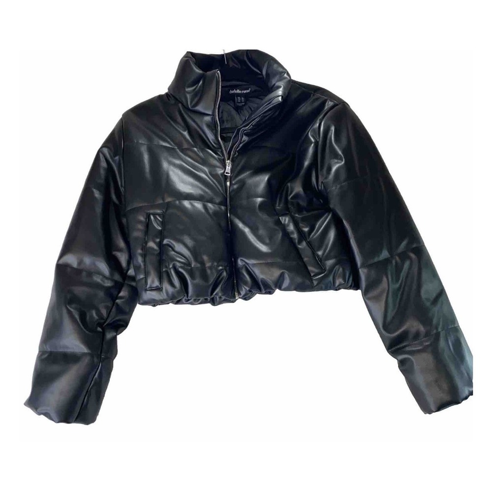 Y2K Charlotte Russe Puffer Jacket Womens Medium Black Shiny Grunge Cropped Rock